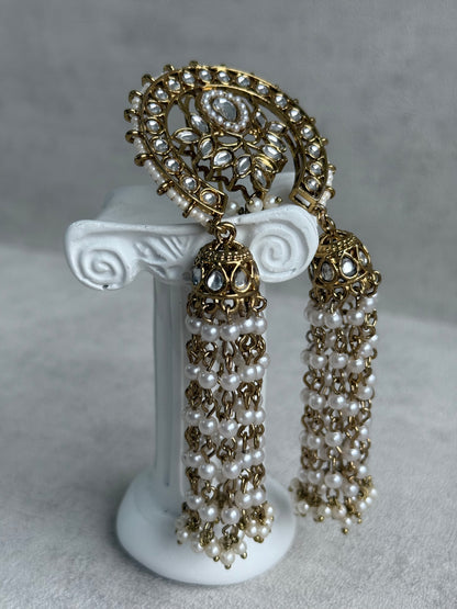 Ayura Designs Kamya Hair Brooch – Crescent Polki Design with Pearl Tassels & Antique Gold Finish