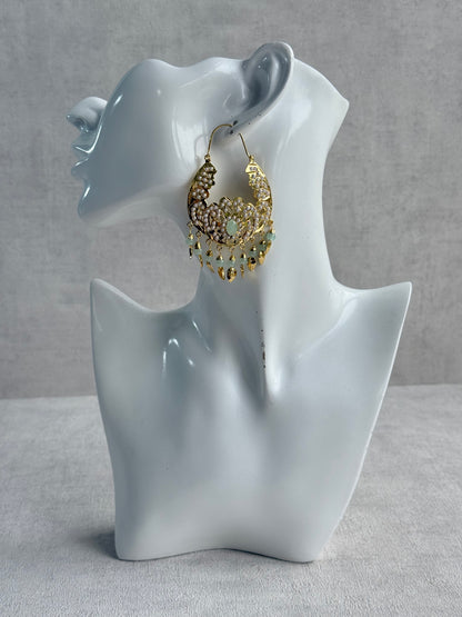 Ayura Designs Nimrat Balis – Mint Green & Ivory Pearls with Pippal Patti & Gold Finish