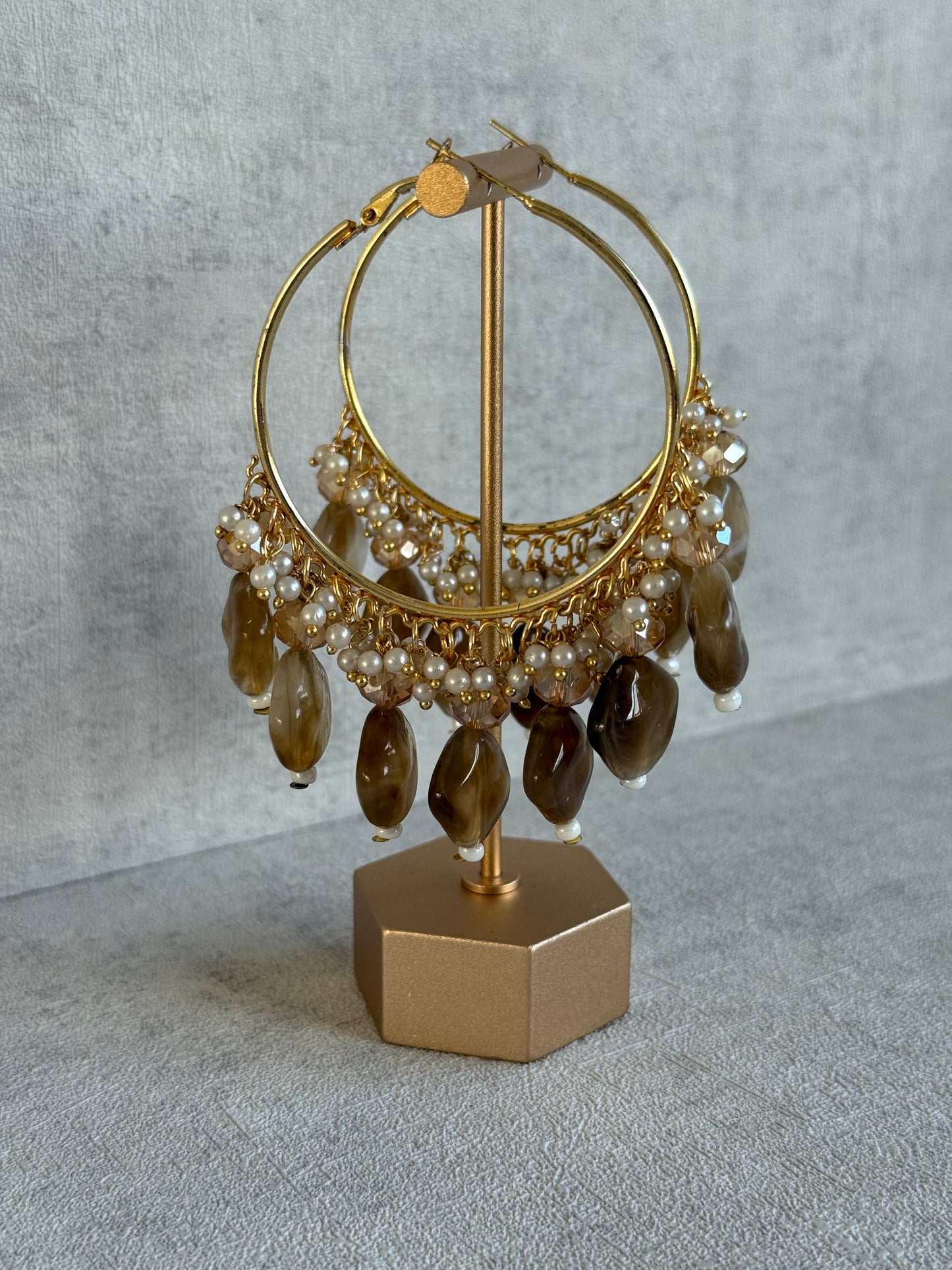 Ayura Designs Heer Balis – Gold Hoops with Mocha Marble Beads, Pearls & Crystal Detailing