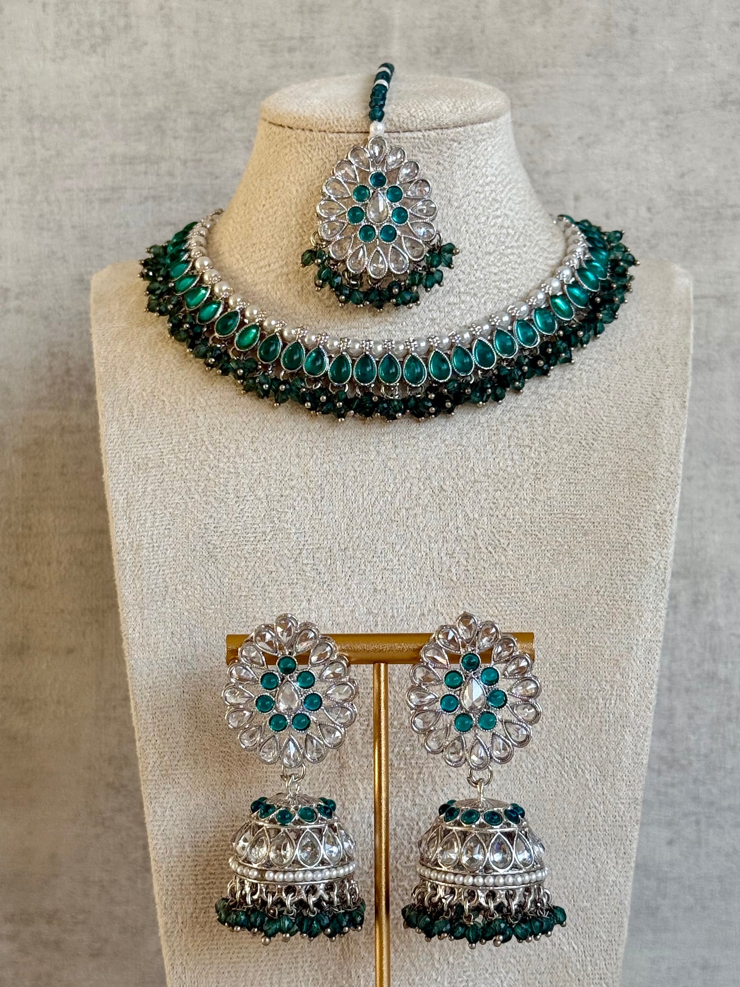 Ayura Designs Saima Set – Necklace, Jhumkis & Tikka in Peacock Green with Silver Finish