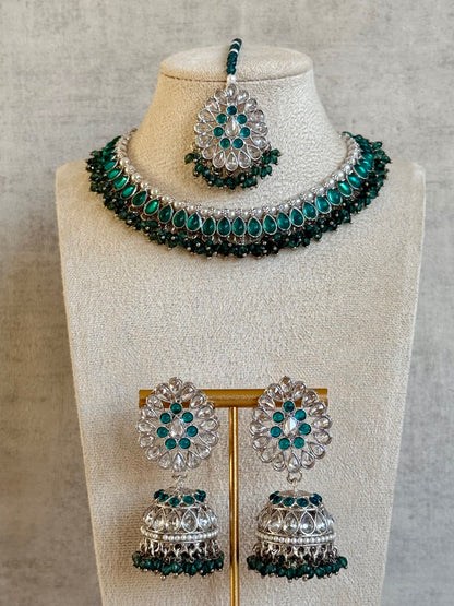 Ayura Designs Saima Set – Necklace, Jhumkis & Tikka in Peacock Green with Silver Finish