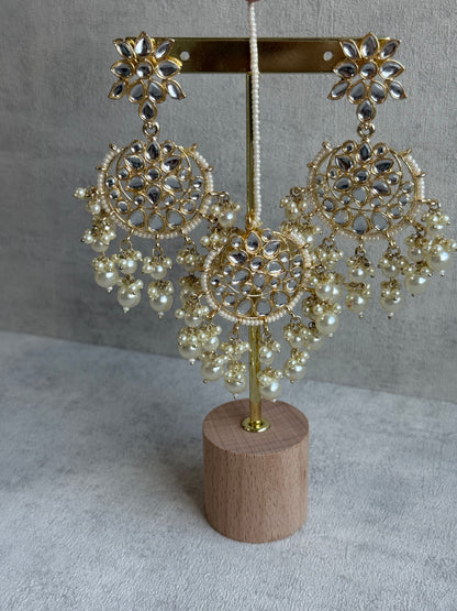Ayura Designs Fakhra Set with Necklace, Earrings & Tikka – Mirror-Cut Stones, Pearl Detailing & Gold Finish