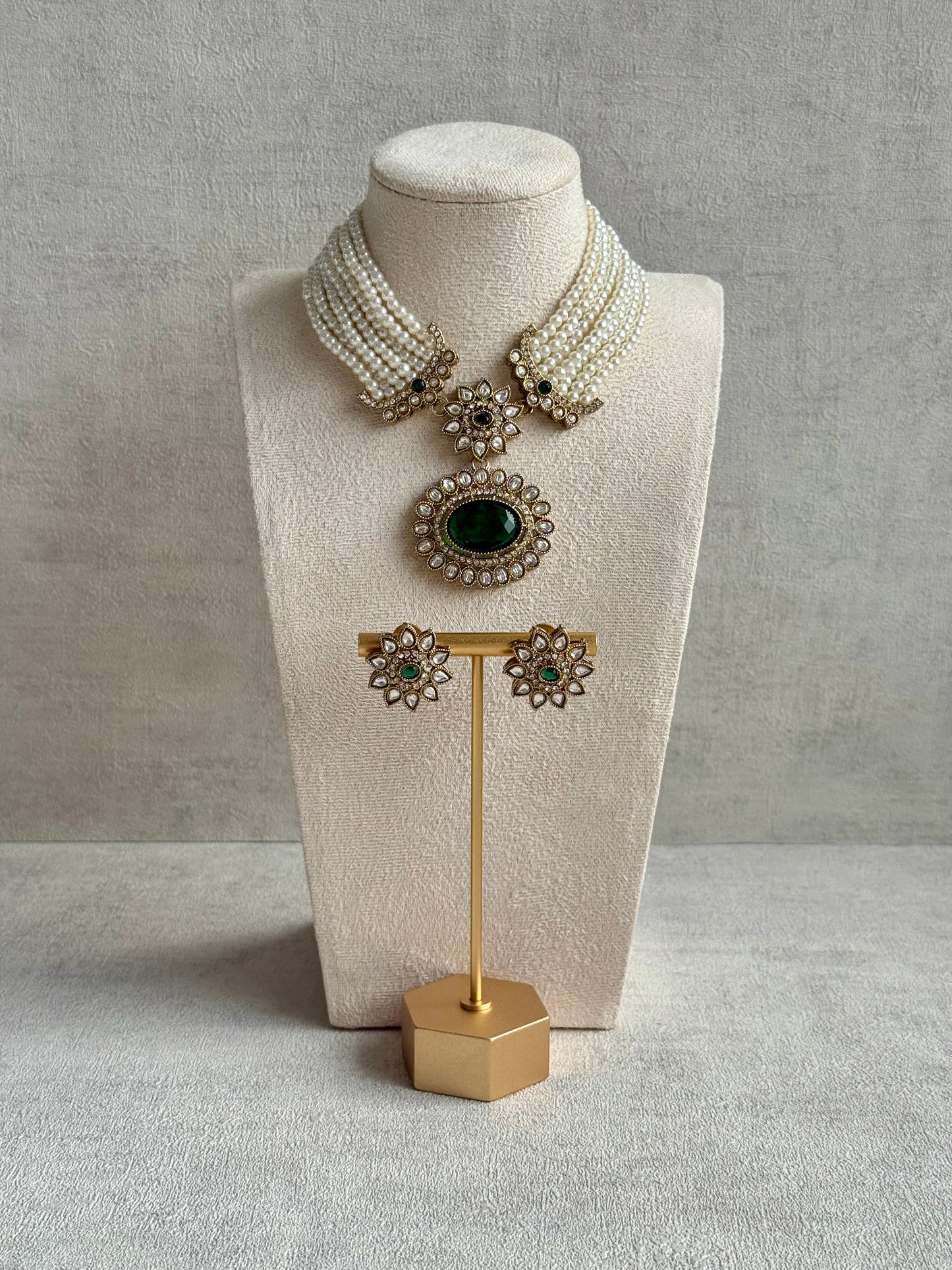 Ayura Designs Amaya Necklace Set with Studs – Antique Finish in Emerald Green Stones with Pearl Strands