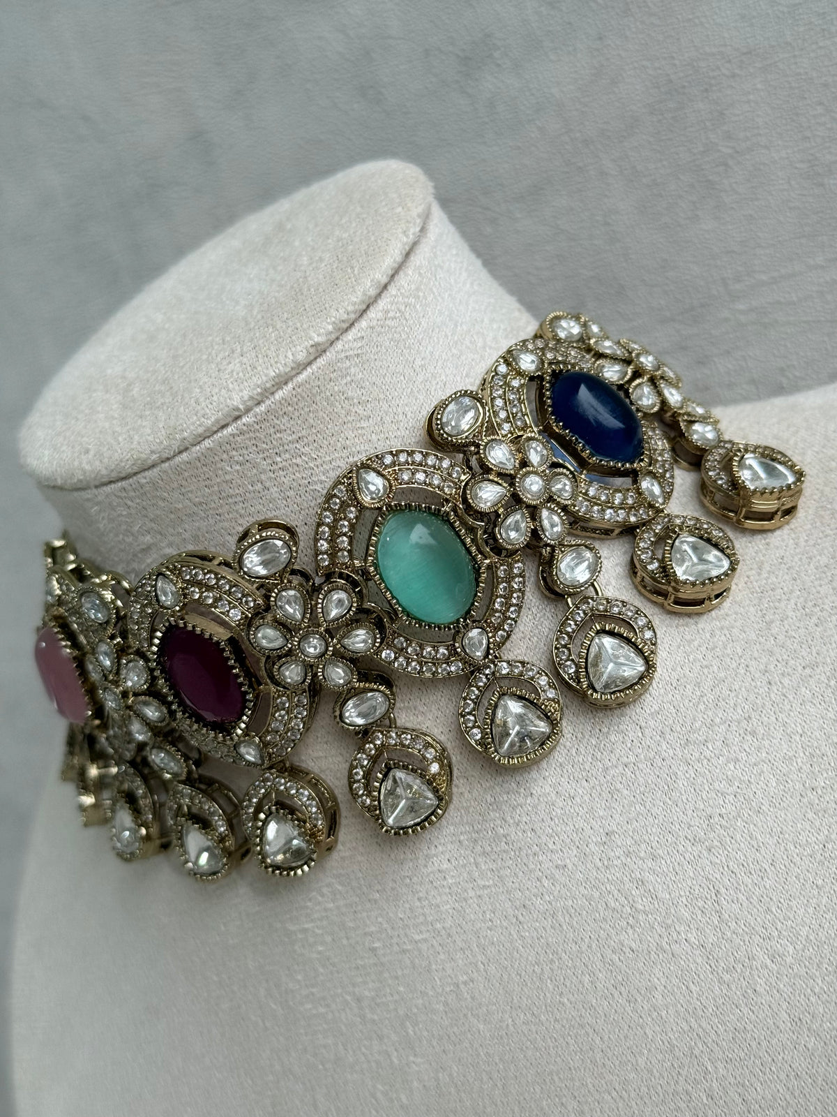 Ayura Designs Emanya Choker Set – Choker, Earrings & Tikka with Mirror-Cut Stones, Multicolour & Antique Gold Detailing