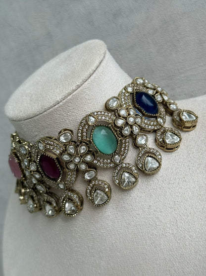 Ayura Designs Emanya Choker Set – Choker, Earrings & Tikka with Mirror-Cut Stones, Multicolour & Antique Gold Detailing