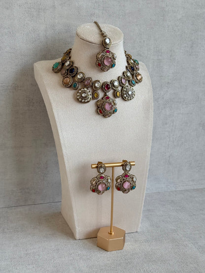 Ayura Designs Elvira Necklace Set with Earrings & Tikka – Multicolour Stone Necklace with Pink Centre Stones & Pearl Detailing