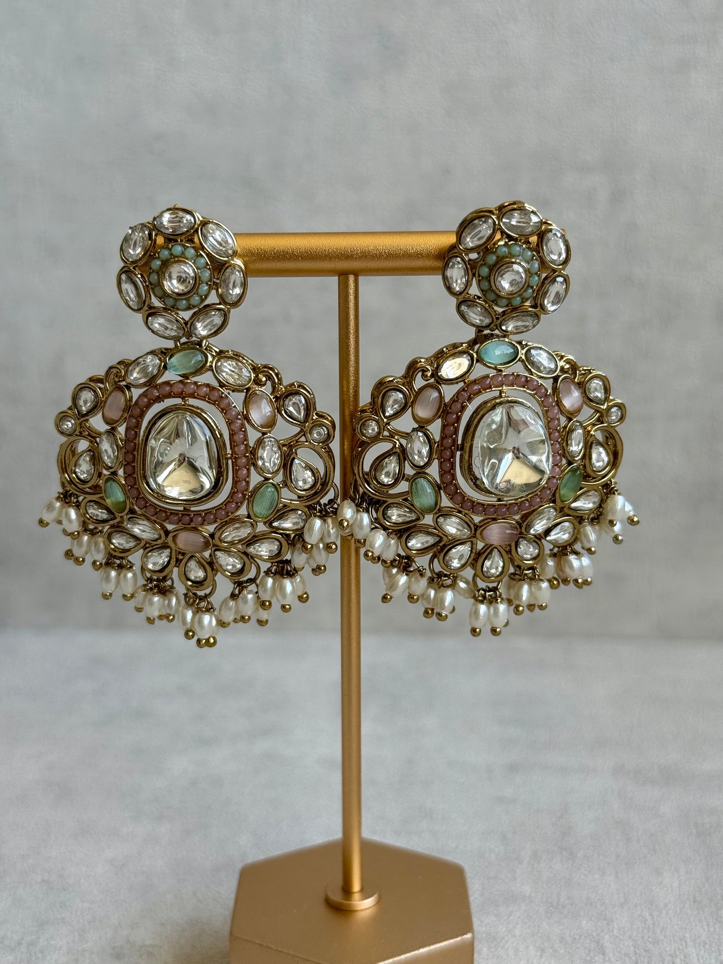 Ayura Designs Durriya Set with Earrings & Tikka – Antique Gold Finish, Mirror-Cut Stones & Pastel Pink, Mint & Ivory Enamel
