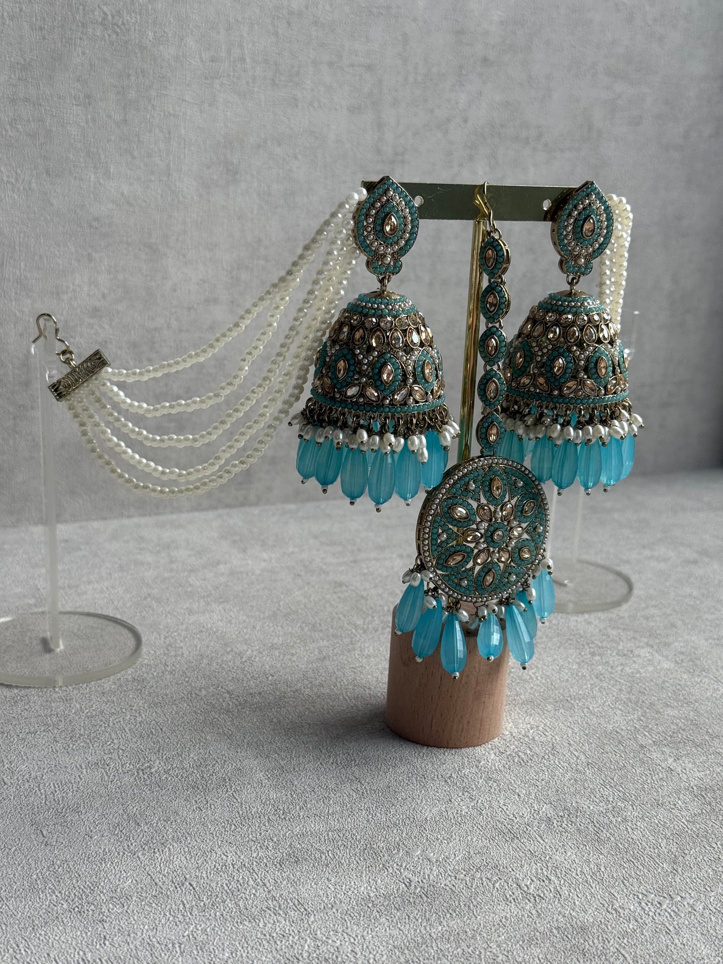 Ayura Designs Amrita Set – Jhumkis with Sahare & Tikka in Aqua Blue, Pearls and Antique Gold Finish