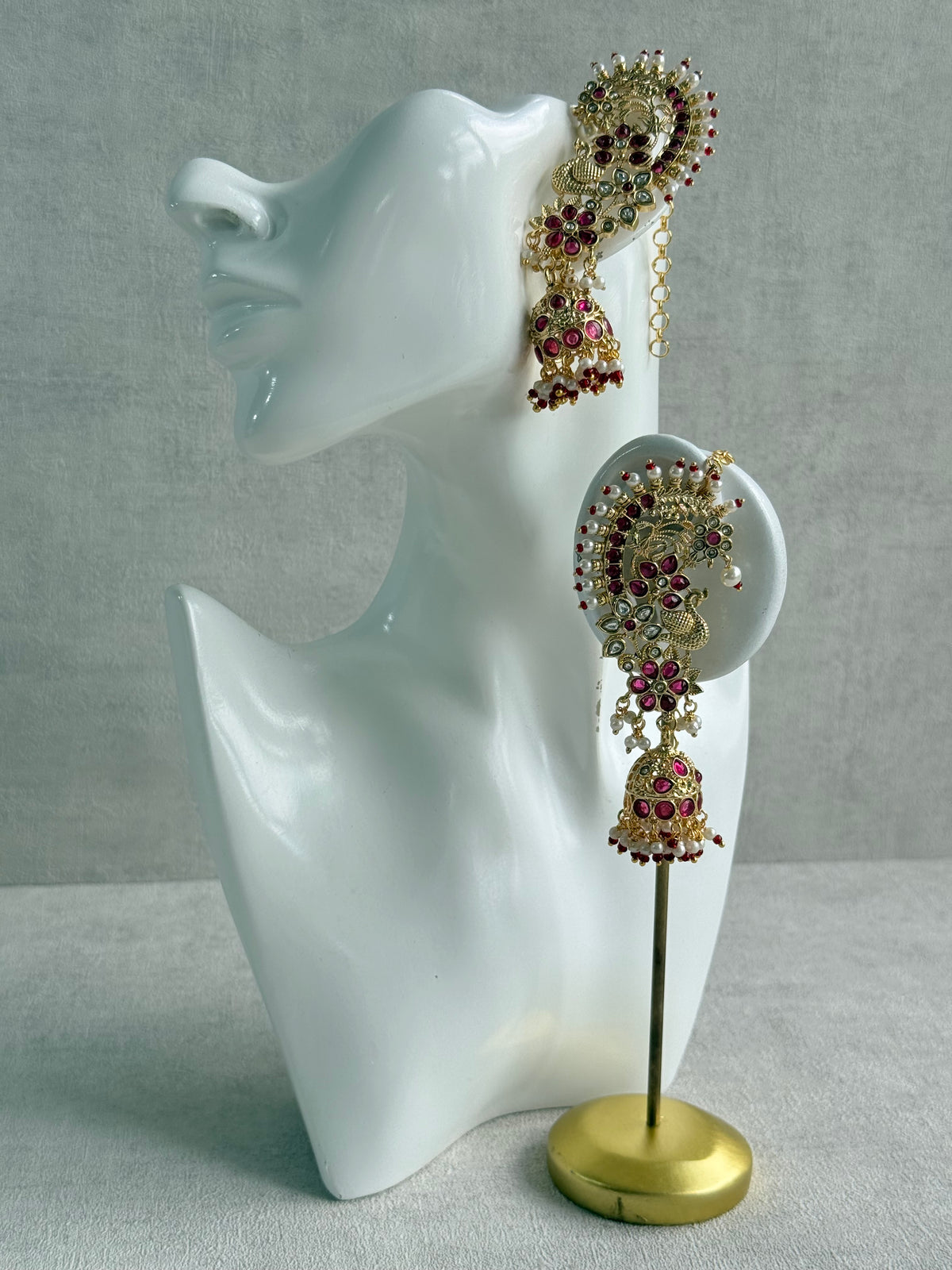 Ayura Designs Nitya Kaanphool Jhumkis – Gold Peacock Motifs, Pink Kundan & Pearl Drops with Attached Sahare