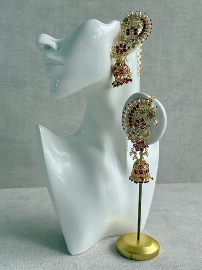 Ayura Designs Nitya Kaanphool Jhumkis – Gold Peacock Motifs, Pink Kundan & Pearl Drops with Attached Sahare
