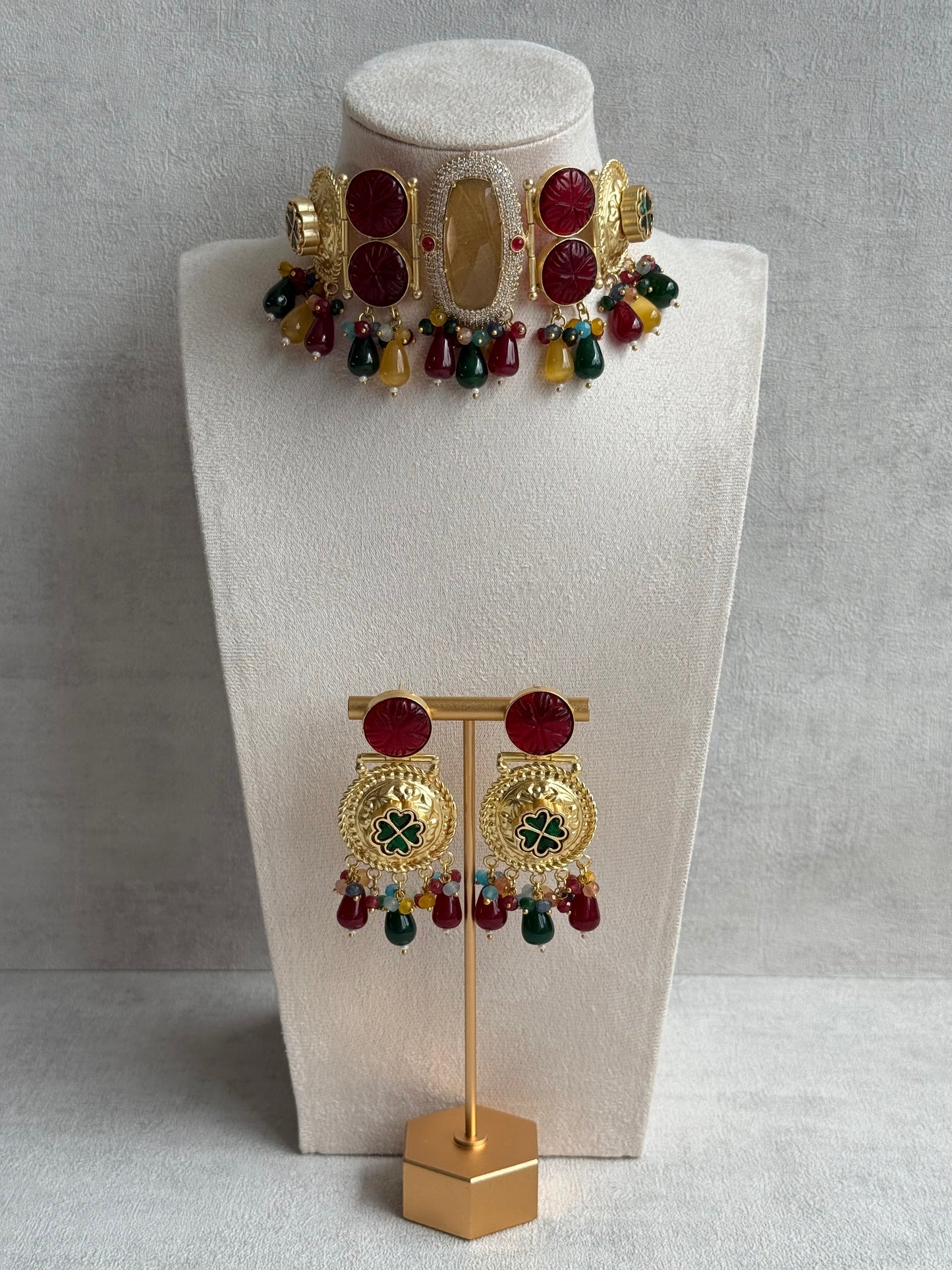 Ayura Designs Faizaan Choker Set with Earrings – Multicolour Stone Drops, Carved Ruby Details & Antique Gold Finish