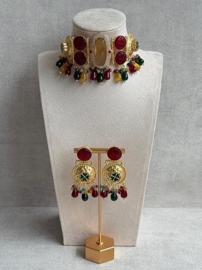 Ayura Designs Faizaan Choker Set with Earrings – Multicolour Stone Drops, Carved Ruby Details & Antique Gold Finish