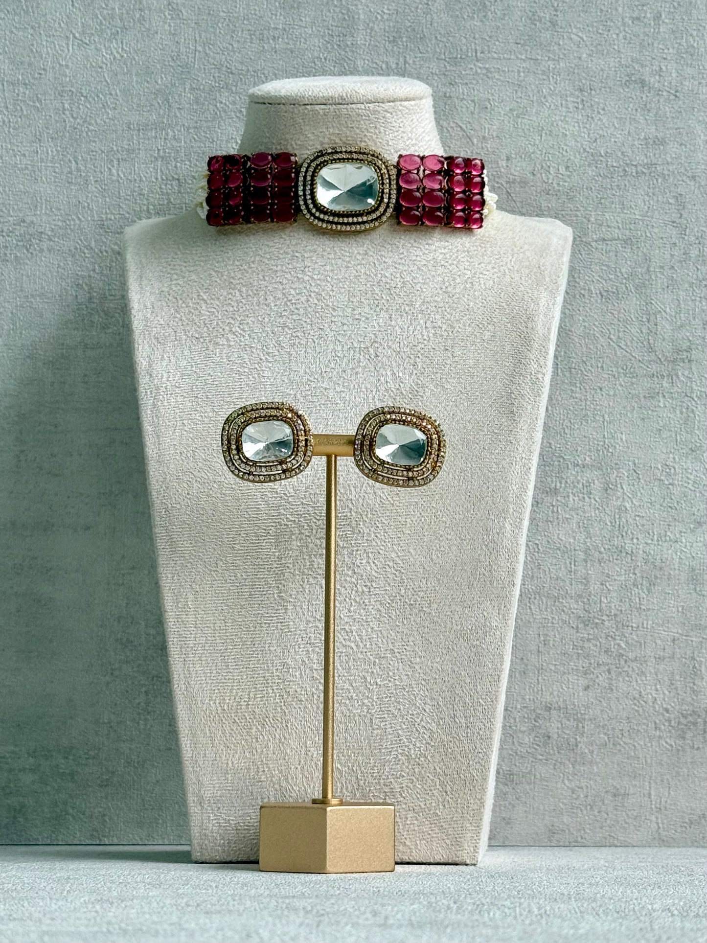 Ayura Designs Emma Choker Set – Ruby Fuchsia Gemstone Choker & Studs with Mirror-Cut Centrepiece, Pearl Strands & Crystal Borders
