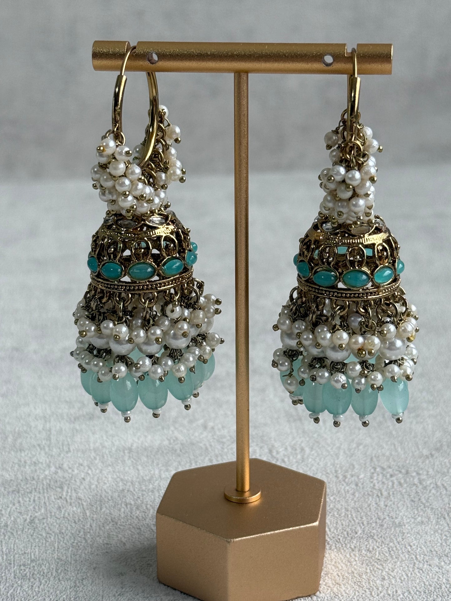 Ayura Designs Jugni Jhumkis – Antique Gold Balis with Aqua Beads & Pearl Clusters