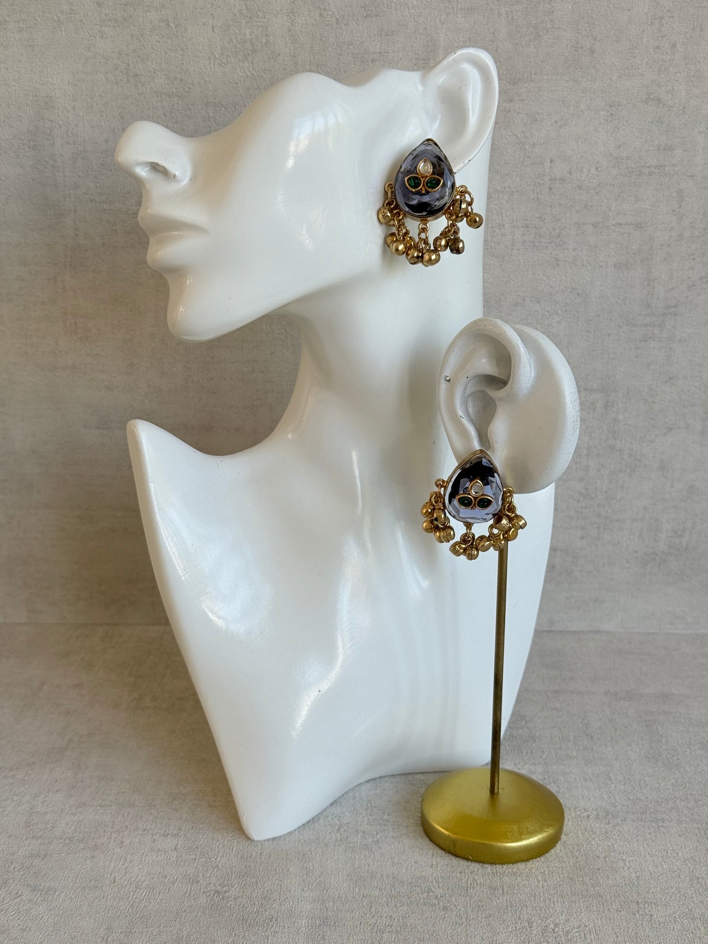 Ayura Designs Aykai Earrings – Smoky Blue Teardrop Stud Earrings with Green Kundan Stones & Gold Ghungroo Drops