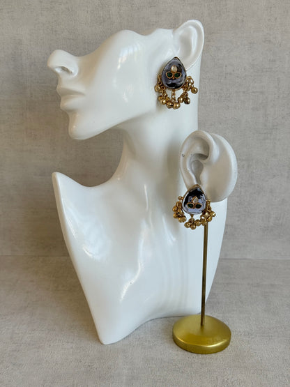 Ayura Designs Aykai Earrings – Smoky Blue Teardrop Stud Earrings with Green Kundan Stones & Gold Ghungroo Drops