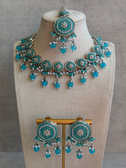 Ayura Designs Nomal Set with Earrings & Tikka – Aqua Blue Beads, Pearl Detailing & Silver Finish