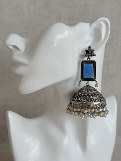 Ayura Designs Zeba Earrings – Oxidised Statement Jhumkis in Ink Blue & Multicolour Stones with Pearl Detailing