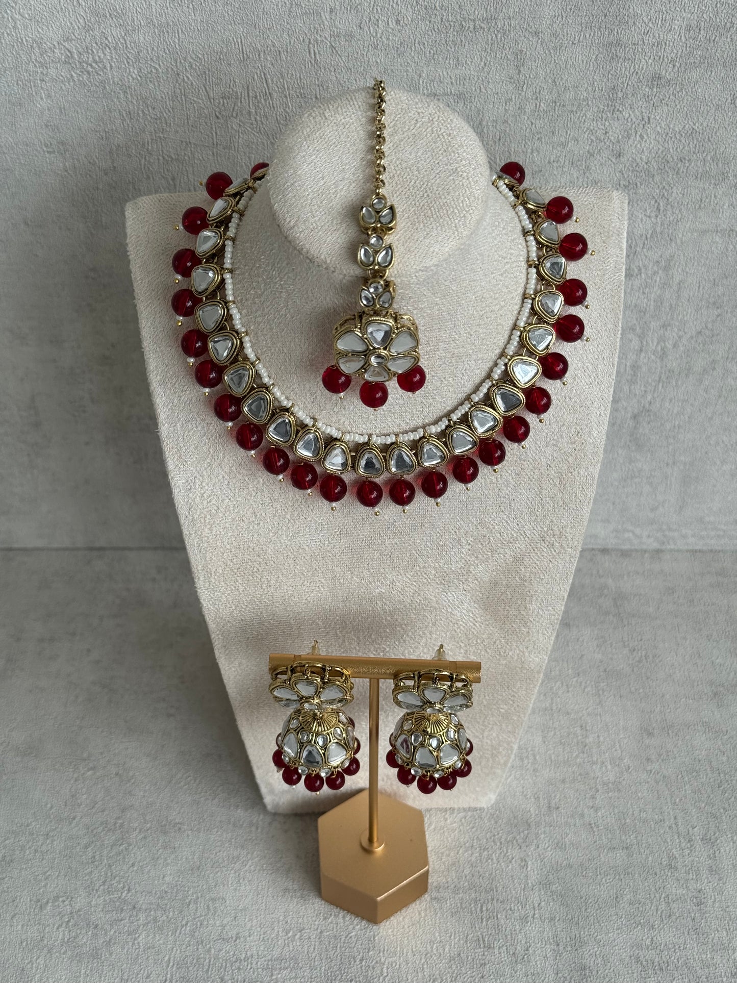 Ayura Designs Mishal Set with Jhumkis & Tikka – Ruby Red Beads & Mirror-Cut Stones