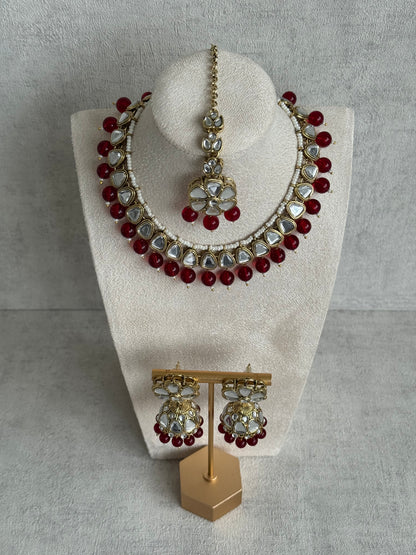 Ayura Designs Mishal Set with Jhumkis & Tikka – Ruby Red Beads & Mirror-Cut Stones