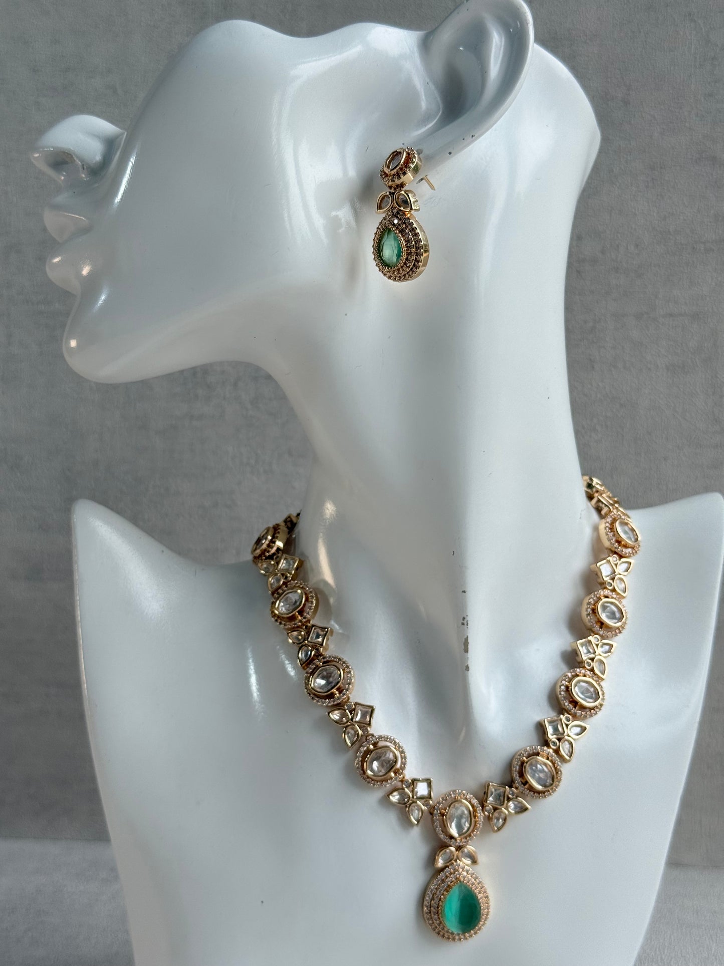 Ayura Designs Gazia Necklace Set with Earrings – Kundan, Mint Green Stones & Gold Finish