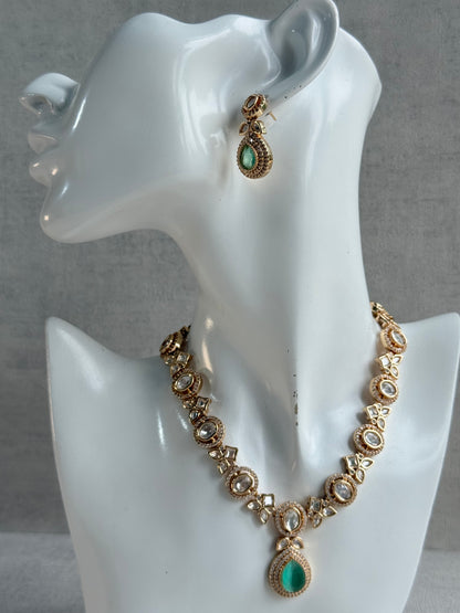Ayura Designs Gazia Necklace Set with Earrings – Kundan, Mint Green Stones & Gold Finish