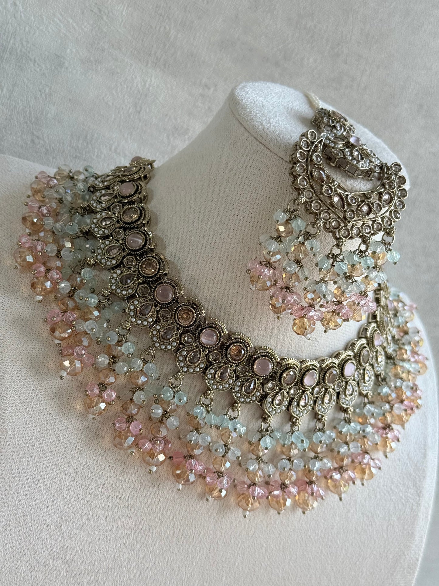 Ayura Designs Dilnaz Necklace Set – Blush Pink, Aqua & Champagne Crystal Beads