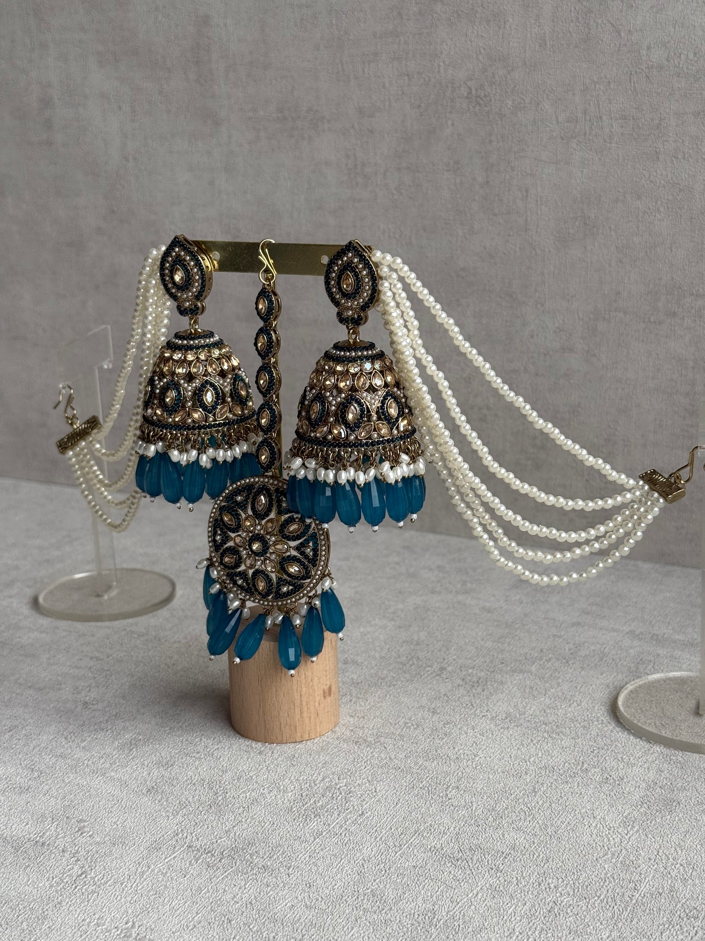 Ayura Designs Amrita Set – Jhumkis with Sahare & Tikka in Peacock Blue Beads, Pearls and Antique Gold Finish