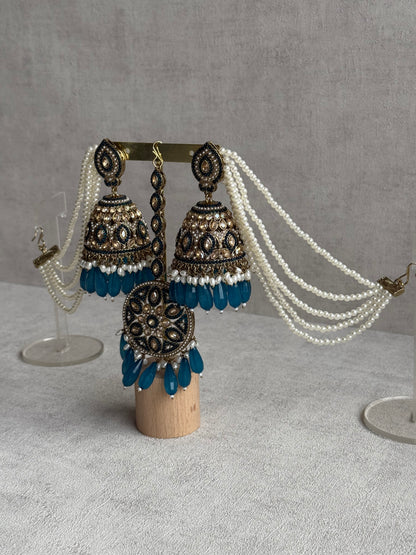 Ayura Designs Amrita Set – Jhumkis with Sahare & Tikka in Peacock Blue Beads, Pearls and Antique Gold Finish