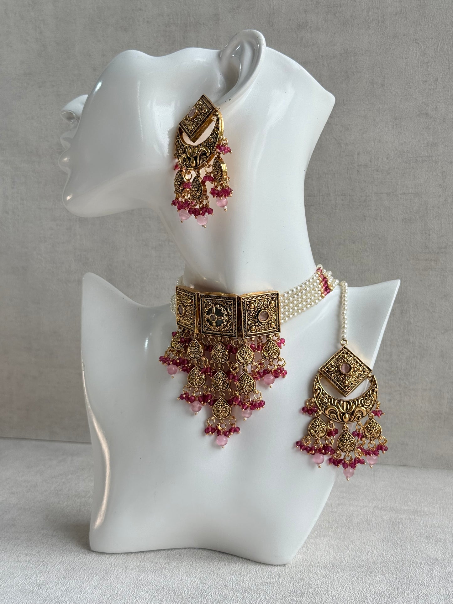 Ayura Designs Samera Choker Set with Earrings & Tikka – Rani Pink & Blush Pink Beads, Green Centre Stone, Floral Motifs & Antique Gold Finish