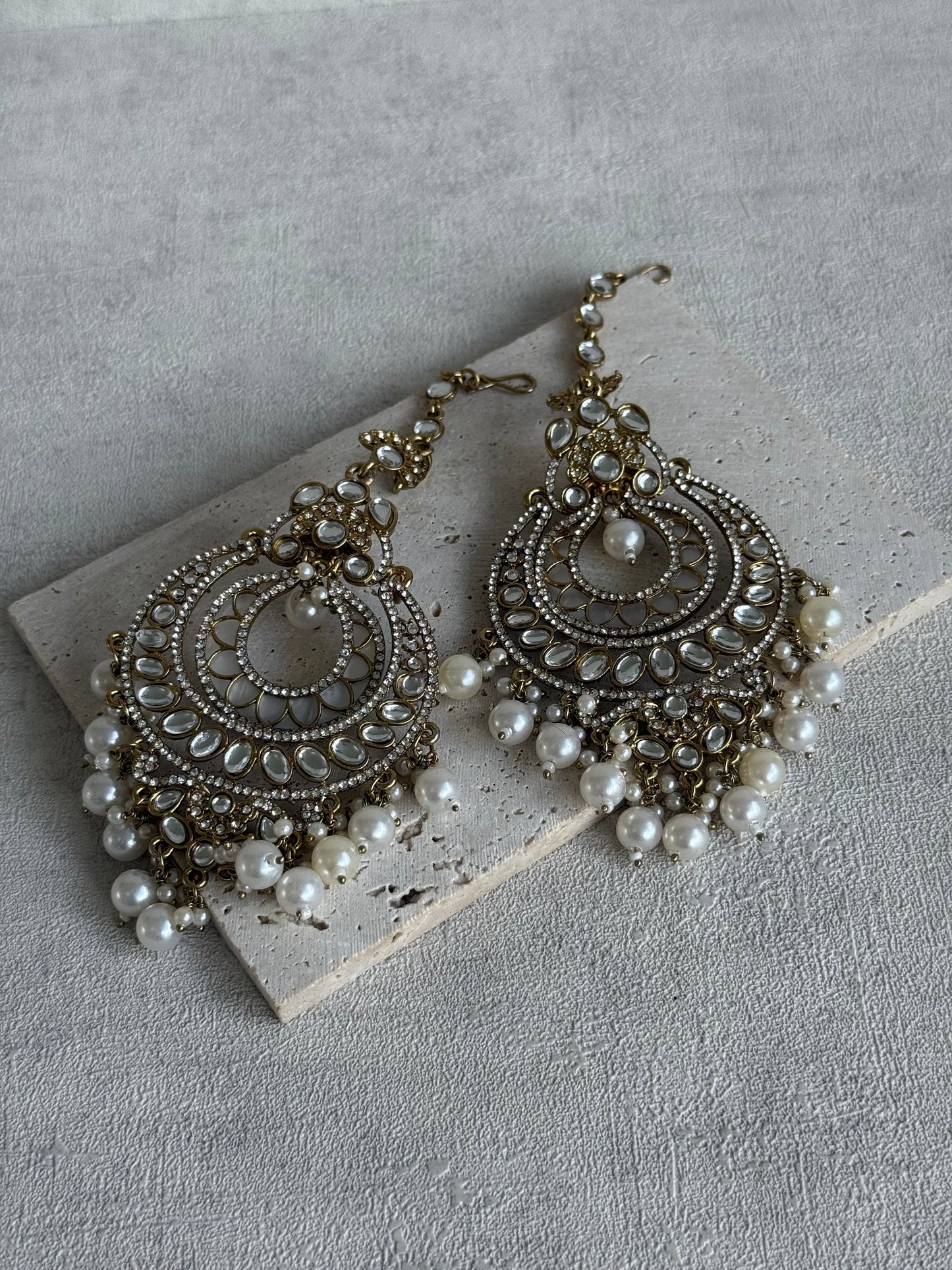 Ayura Designs Rabia Chandbalis – Antique Gold Kundan Earrings with Ivory Pearls & Attached Sahare