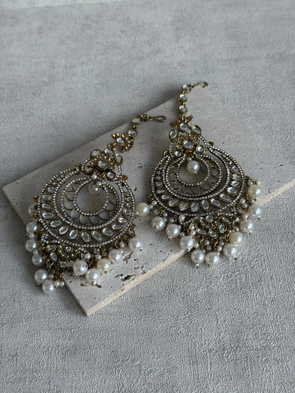 Ayura Designs Rabia Chandbalis – Antique Gold Kundan Earrings with Ivory Pearls & Attached Sahare