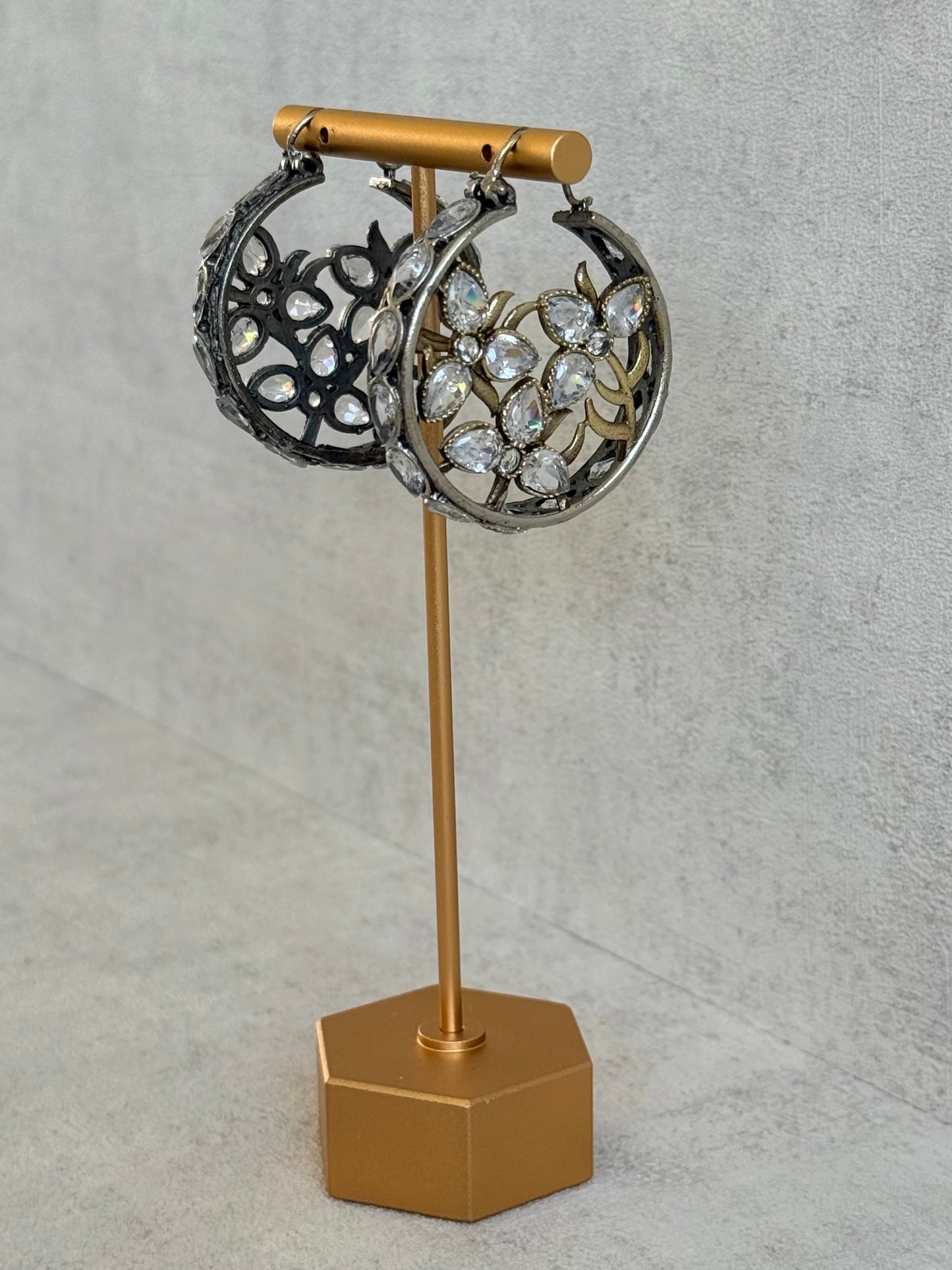 Ayura Designs Nureh Earrings – Dual Tone Floral Hoop Earrings with Crystal Stones & Cutwork Detailing