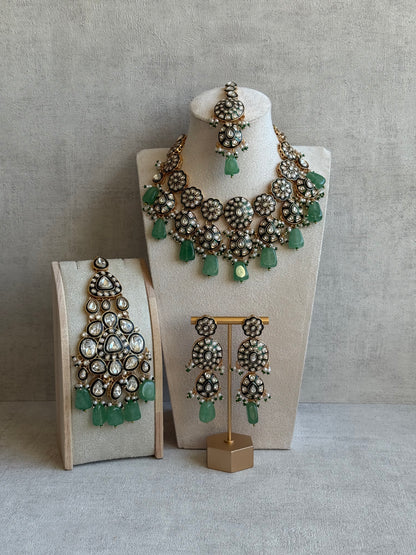 Ayura Designs Sumaira Set with Passa – Necklace, Earrings, Tikka & Passa with Kundan, Green Meenakari Detailing & Jade Green Drops