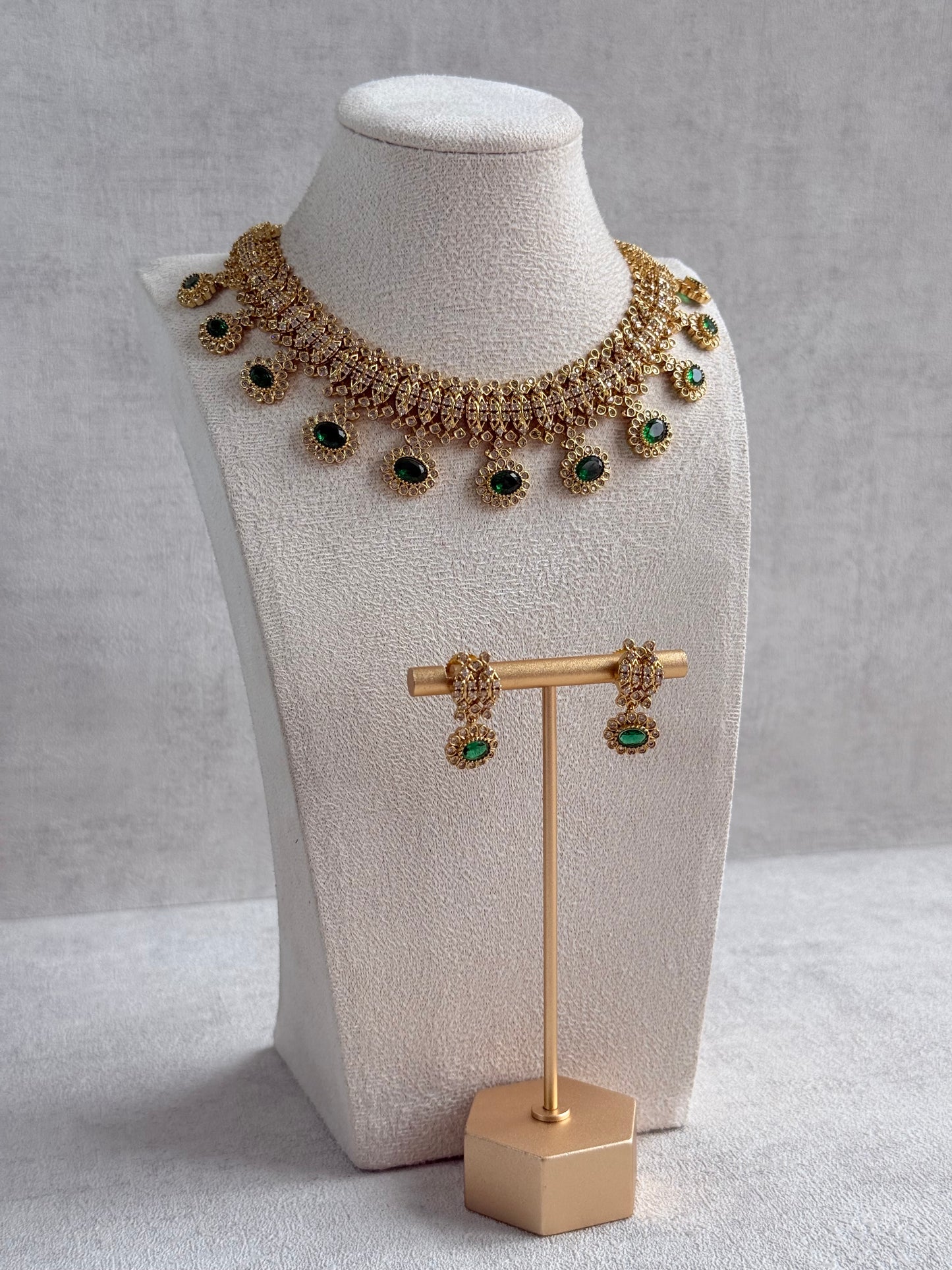Ayura Designs Elisha Necklace Set with Earrings – Emerald Green & Crystal Stone Detailing