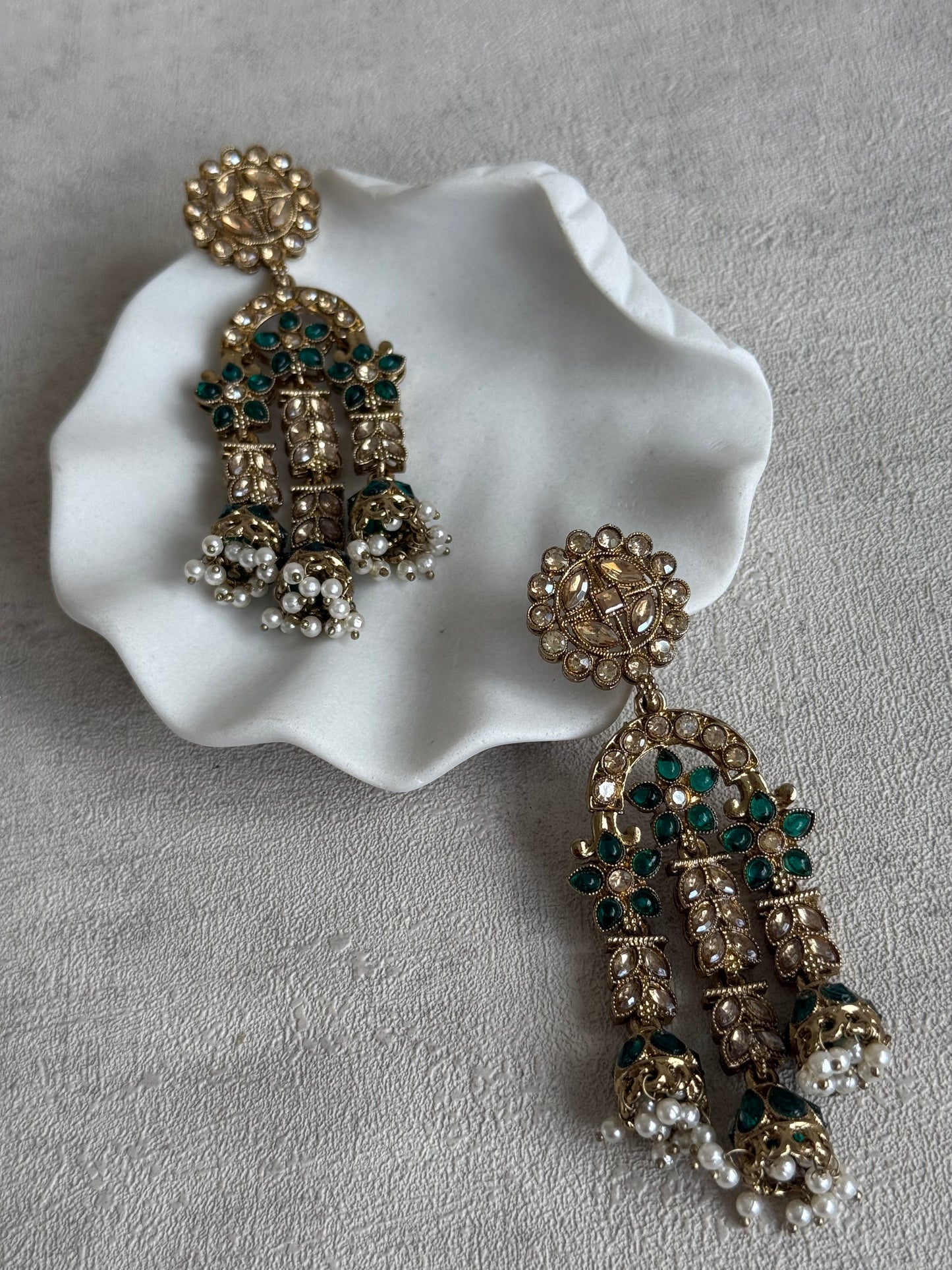 Ayura Designs Soraya Earrings – Emerald Green Stones, Champagne Crystals, Pearl Detailing & Gold Finish