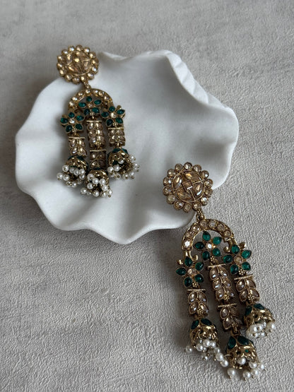 Ayura Designs Soraya Earrings – Emerald Green Stones, Champagne Crystals, Pearl Detailing & Gold Finish