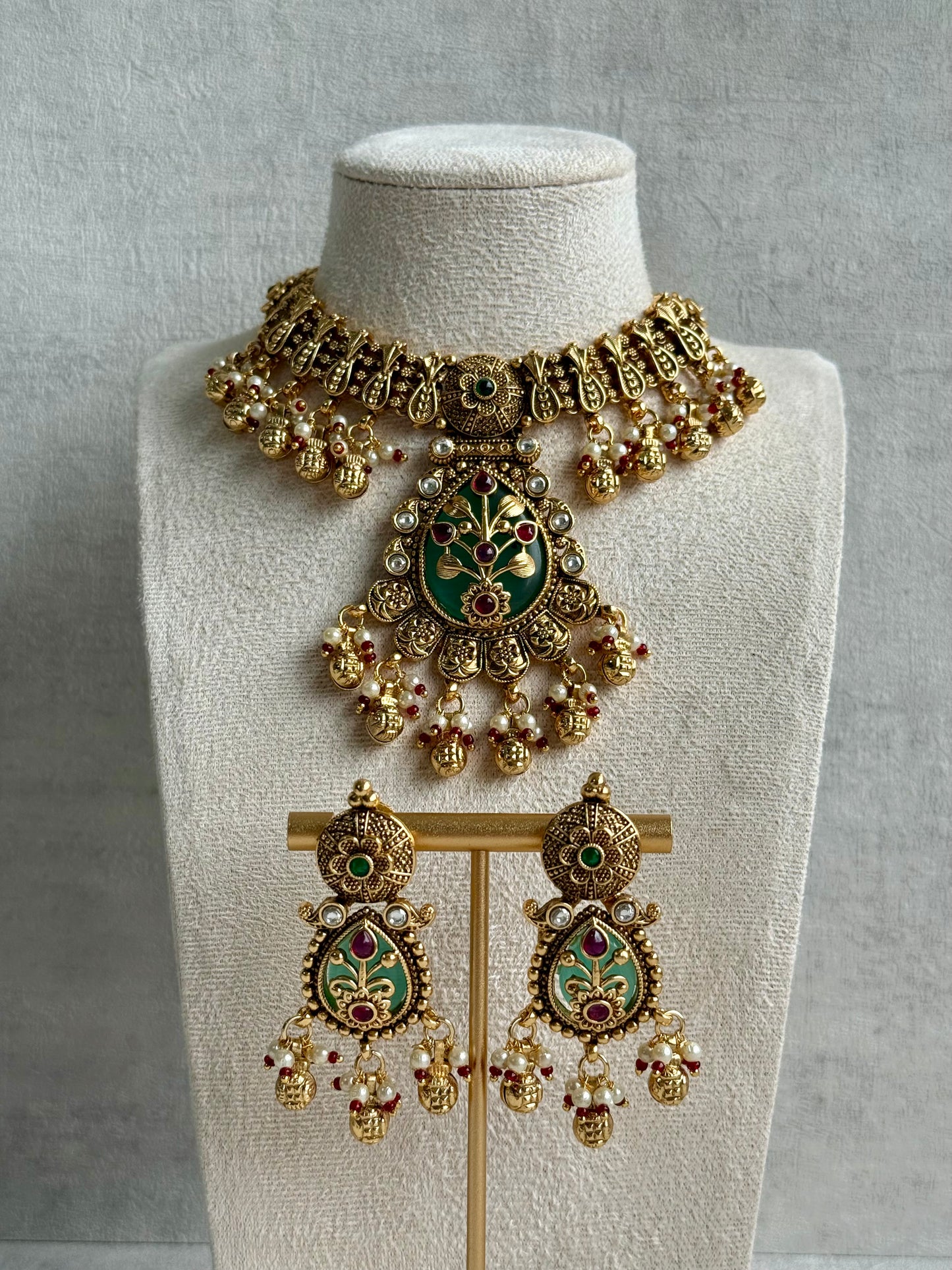 Ayura Designs Divya Set – Antique Gold Choker with Green Meenakari, Ruby Stones & Pearl Detailing