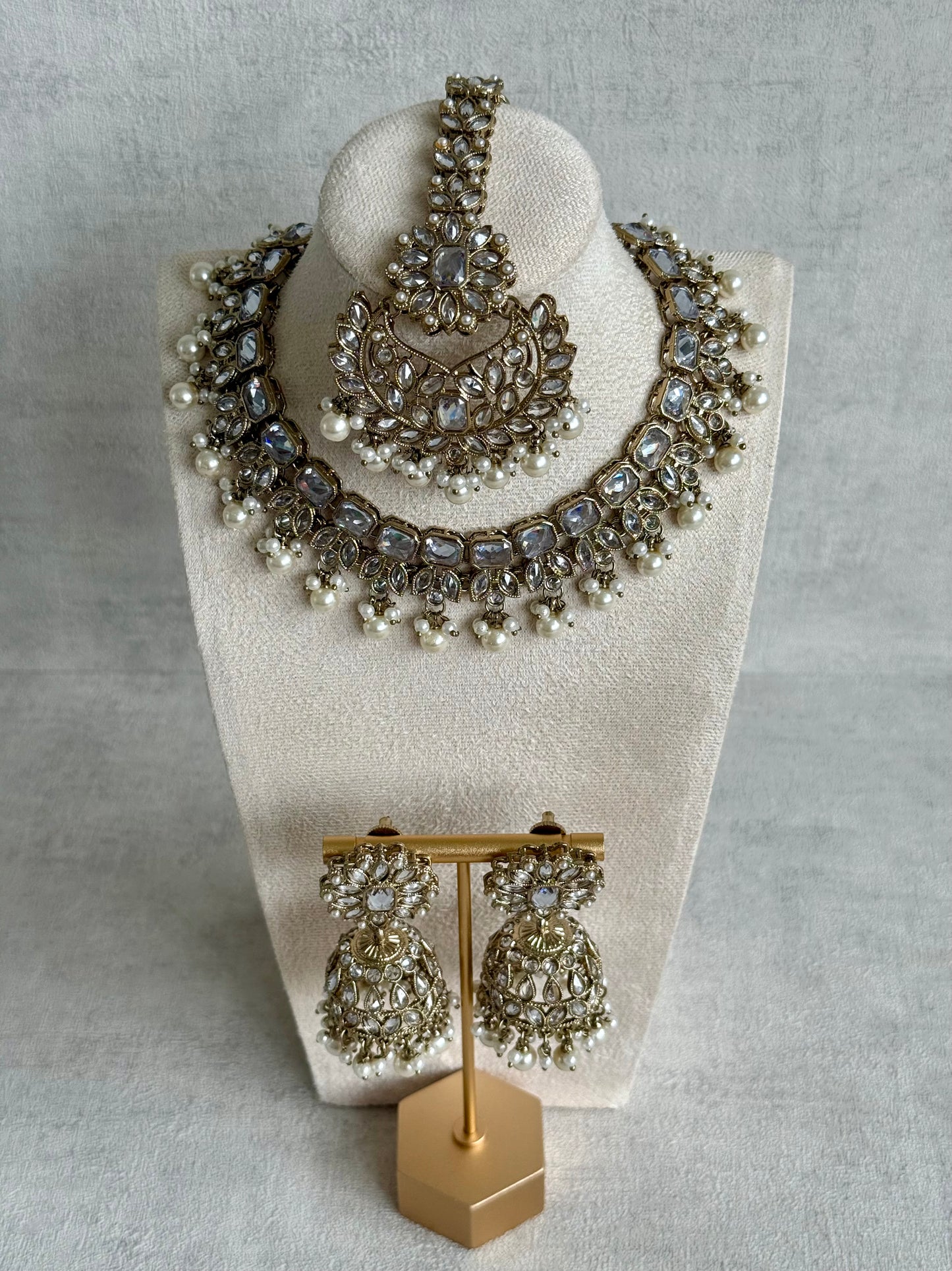 Ayura Designs Sufia Set – Antique Gold Necklace, Mirror-Cut Stones, Jhumkis & Tikka with Pearl Detailing