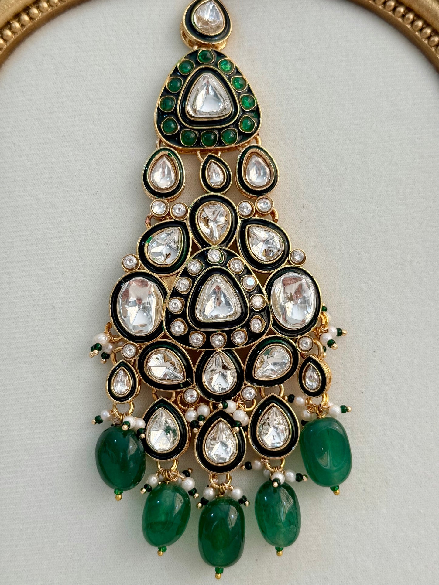 Ayura Designs Salma Jhoomar Passa – Emerald Green Drops with Kundan Stones & Antique Gold Finish