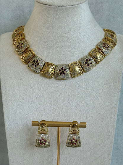 Ayura Designs Vibha Necklace & Stud Earrings Set – Gold Floral Statement Design with Ruby Pink & Crystal Detailing