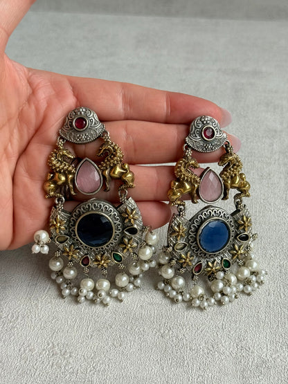 Ayura Designs Aangan Earrings – Dual Tone Oxidised Statement Earrings with Multicolour Stones & Pearl Clusters