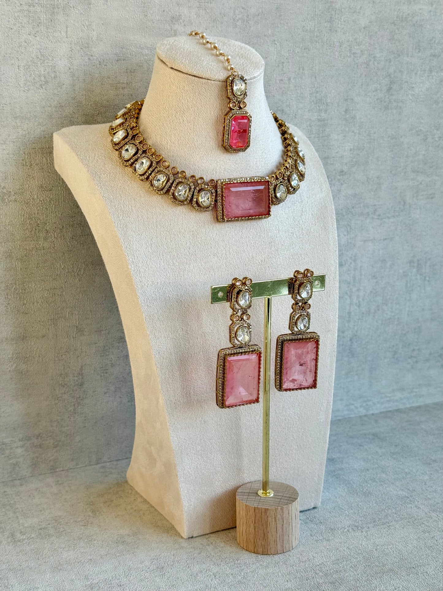Ayura Designs Clara Set with Earrings and Tikka – Rose Quartz Pink Stones with Moissanite and Antique Gold Finish