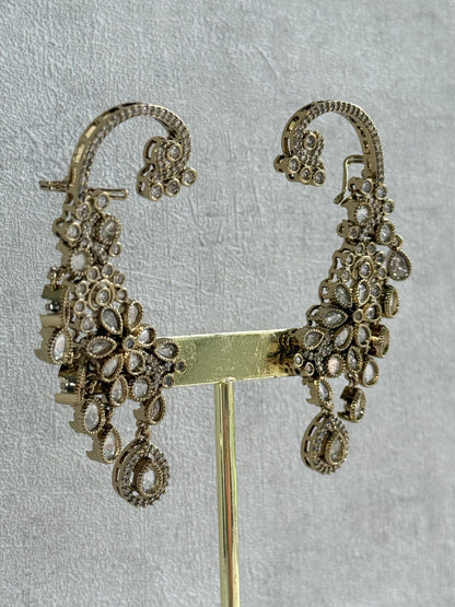 Ayura Designs Aksara Kaanphool Earrings – Kundan, Crystals & Antique Gold Finish