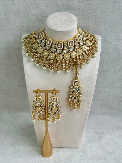 Ayura Designs Suhana Bridal Set with Necklace, Earrings & Tikka – Kundan Stones with Pearl Detailing in Antique Gold Finish