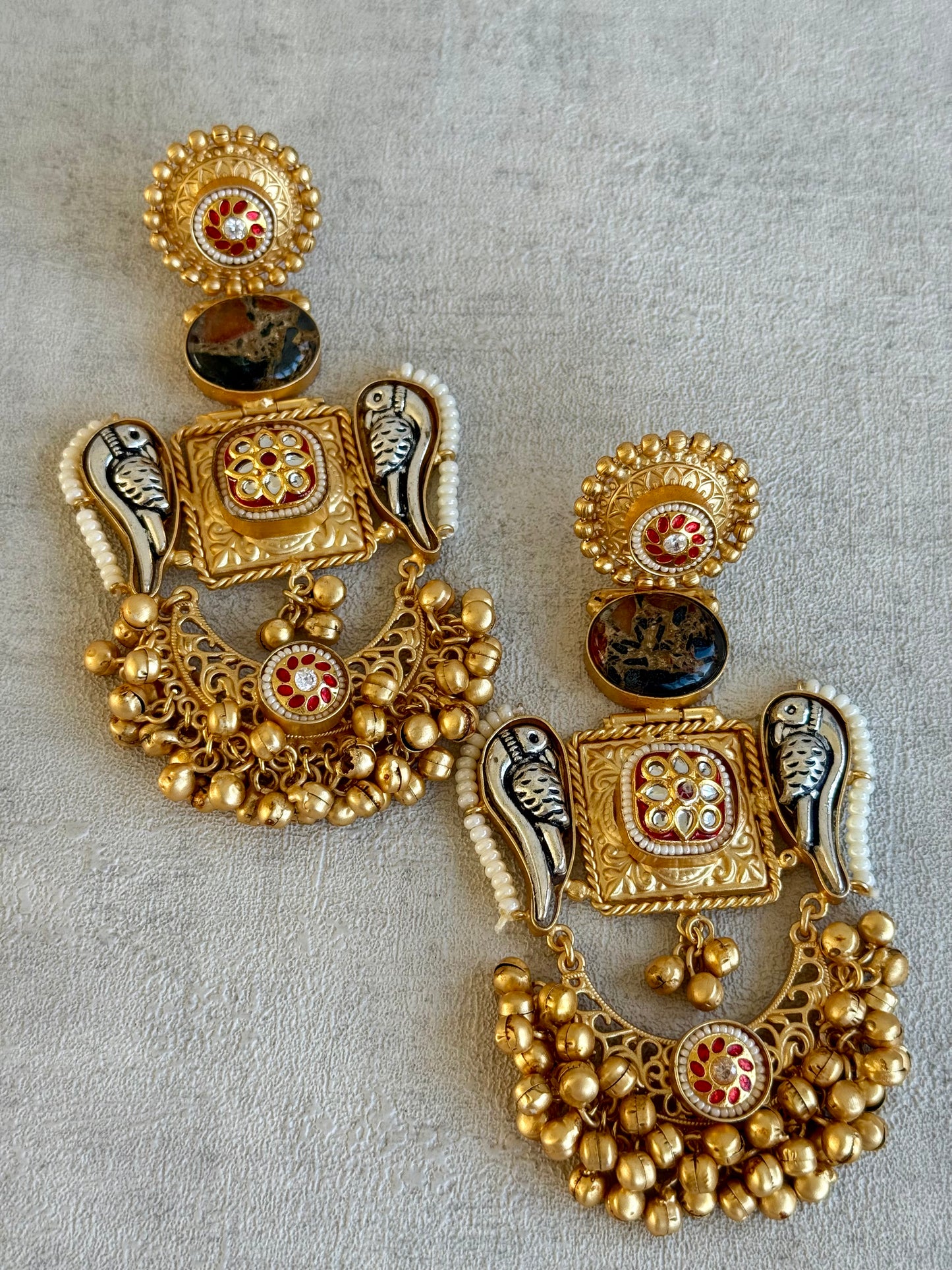 Ayura Designs Soha Earrings – Antique Gold with Smoky Amber Stone & Oxidised Parrots