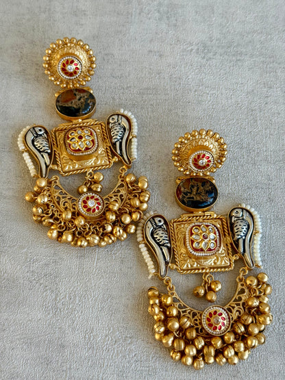 Ayura Designs Soha Earrings – Antique Gold with Smoky Amber Stone & Oxidised Parrots