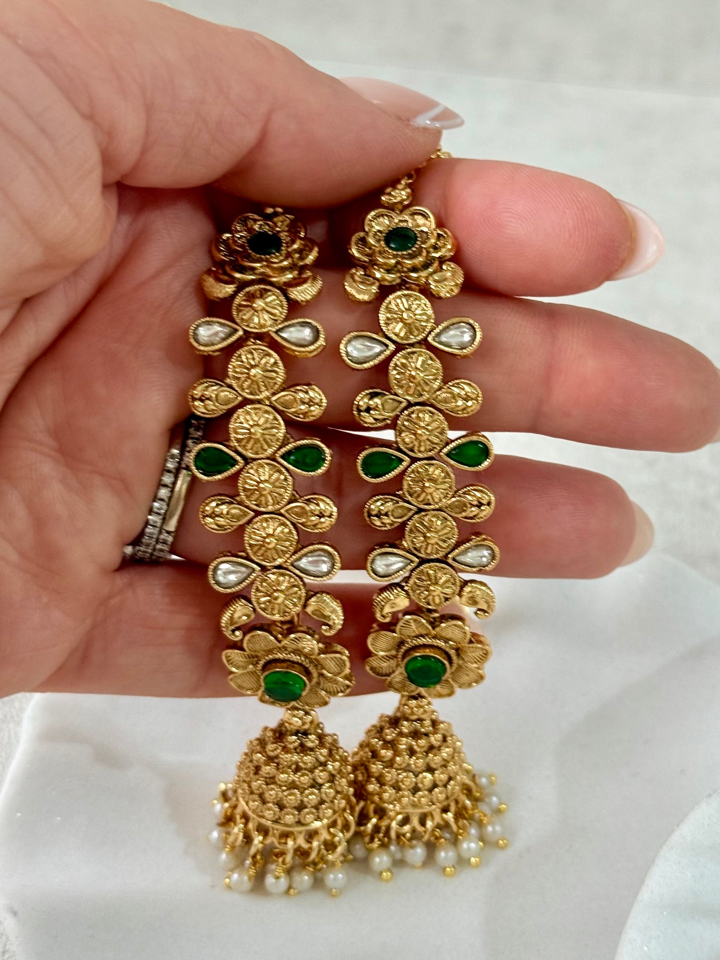 Ayura Designs Keerti Jhumkis – Antique Gold Kannauti Earrings with Emerald Green Stones, Mirror-Cut Detailing & Pearl Drops