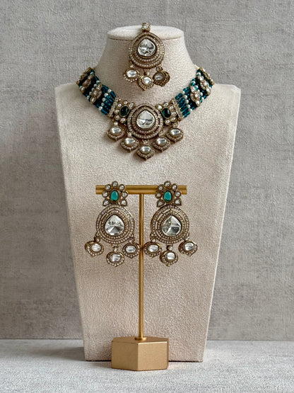 Ayura Designs Rahi Necklace Set with Earrings & Tikka – Teal Blue Stones with Mirror-Cut Detailing & Pearl Strands
