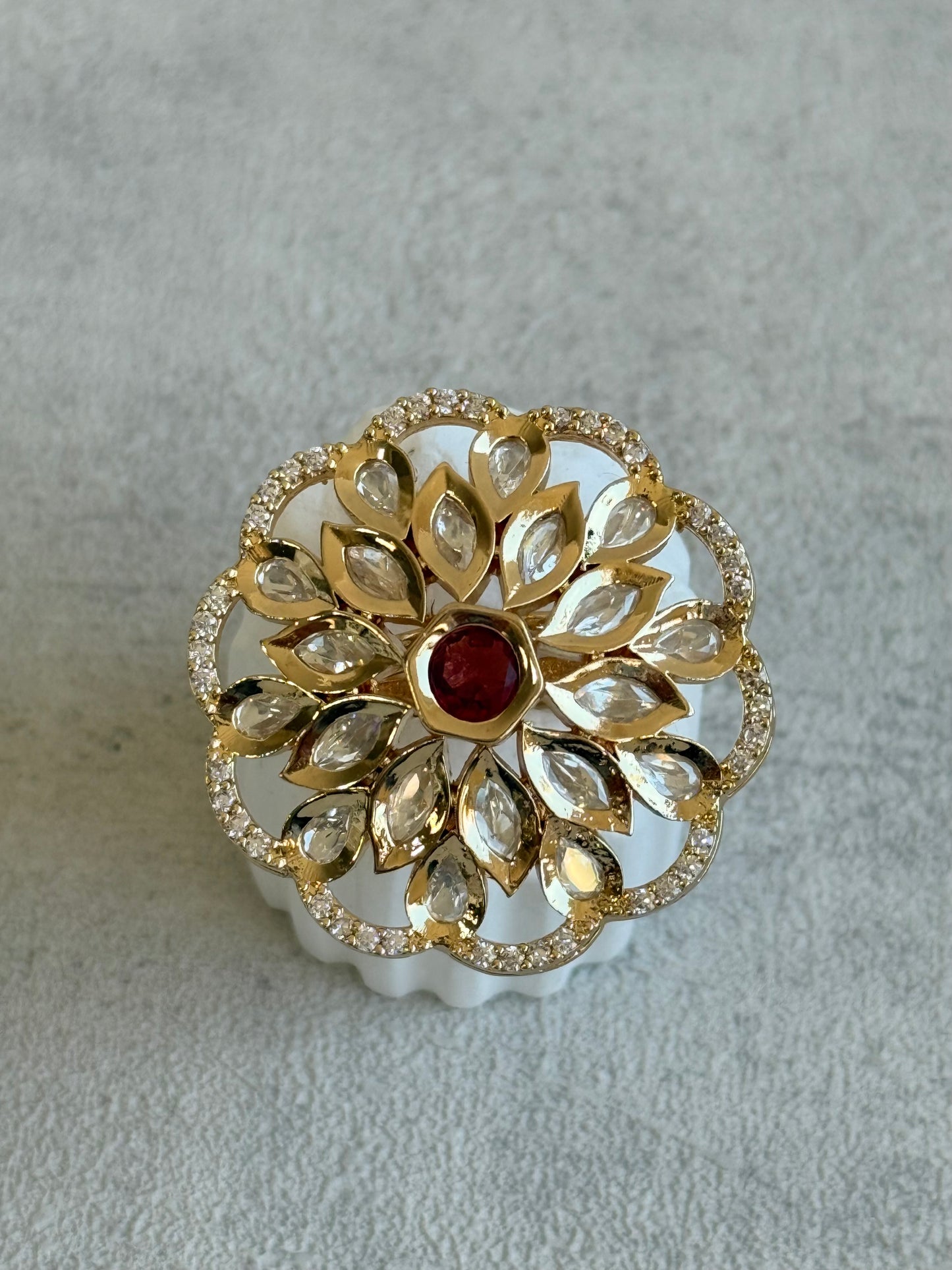 Ayura Designs Elisa Adjustable Ring – Moissanite Floral Ring with Rani Pink Centre & Crystal Border